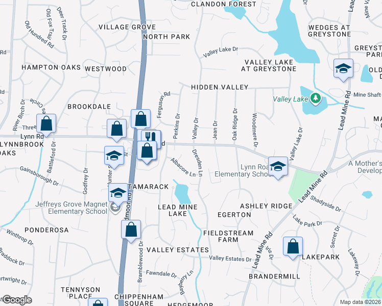 map of restaurants, bars, coffee shops, grocery stores, and more near 6525 Dresden Lane in Raleigh