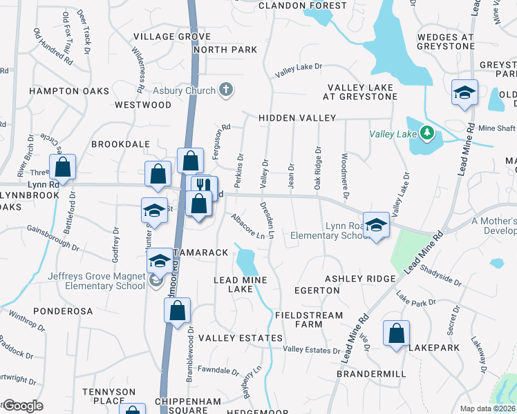 map of restaurants, bars, coffee shops, grocery stores, and more near 6525 Dresden Lane in Raleigh