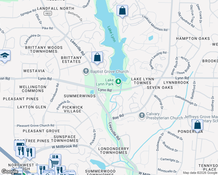 map of restaurants, bars, coffee shops, grocery stores, and more near Hare Snipe Creek Trail in Raleigh