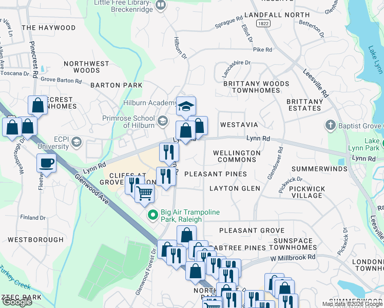 map of restaurants, bars, coffee shops, grocery stores, and more near 6805 Holly Mill Court in Raleigh