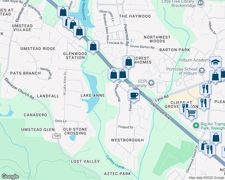 map of restaurants, bars, coffee shops, grocery stores, and more near 6709 Westborough Drive in Raleigh
