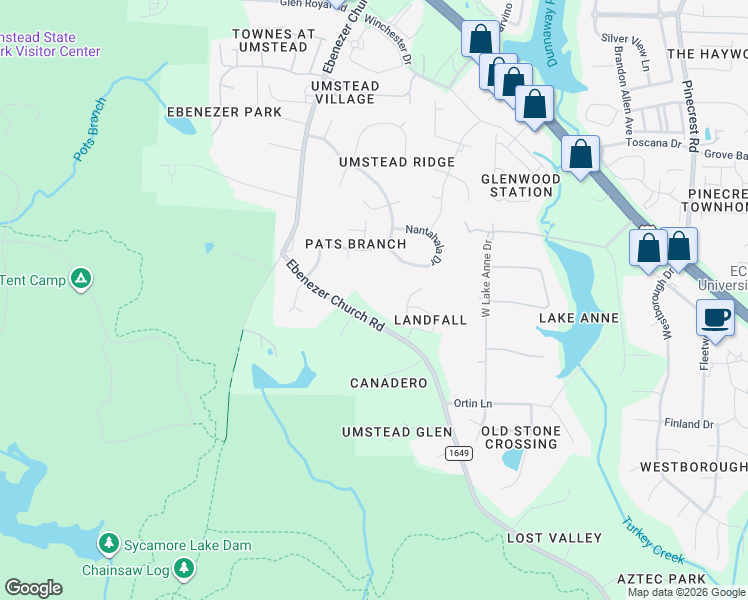 map of restaurants, bars, coffee shops, grocery stores, and more near 7504 Ebenezer Church Road in Raleigh