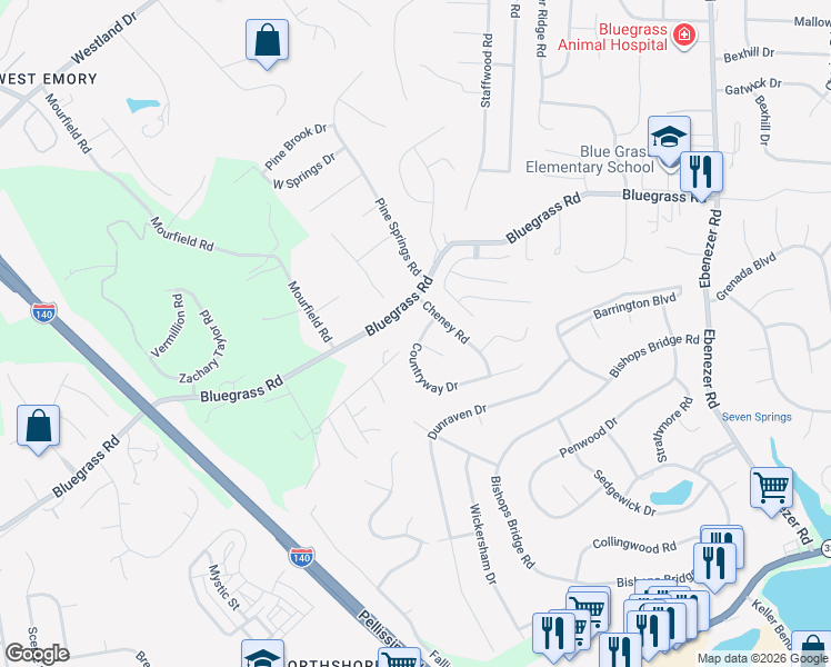 map of restaurants, bars, coffee shops, grocery stores, and more near 9212 Bluegrass Road in Knoxville