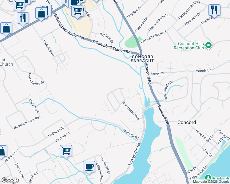 map of restaurants, bars, coffee shops, grocery stores, and more near 11112 Hatteras Drive in Knoxville