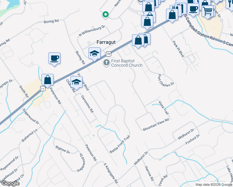 map of restaurants, bars, coffee shops, grocery stores, and more near 348 Farragut Crossing Drive in Knoxville