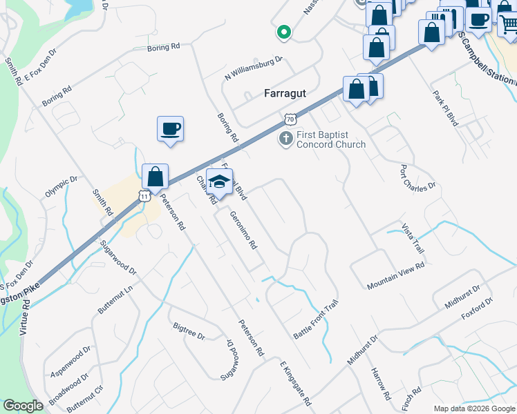 map of restaurants, bars, coffee shops, grocery stores, and more near 205 Battery Hill Circle in Knoxville