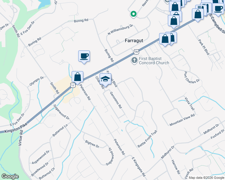 map of restaurants, bars, coffee shops, grocery stores, and more near 115 Federal Boulevard in Knoxville
