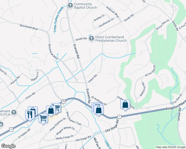 map of restaurants, bars, coffee shops, grocery stores, and more near 12520 Camdenbridge Drive in Knoxville