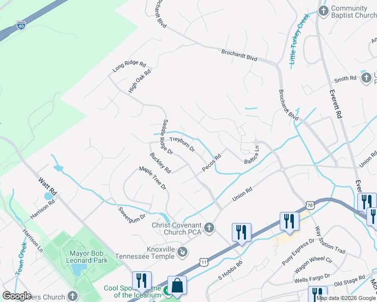 map of restaurants, bars, coffee shops, grocery stores, and more near 241 Treyburn Drive in Knoxville