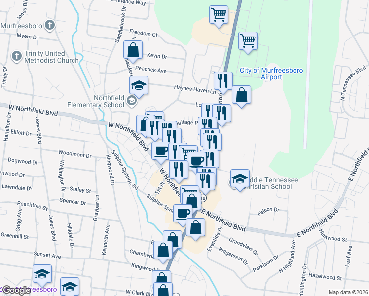 map of restaurants, bars, coffee shops, grocery stores, and more near 1832 Ward Drive in Murfreesboro
