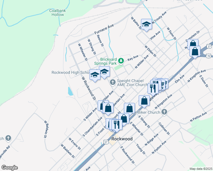 map of restaurants, bars, coffee shops, grocery stores, and more near 411 West Strang Street in Rockwood