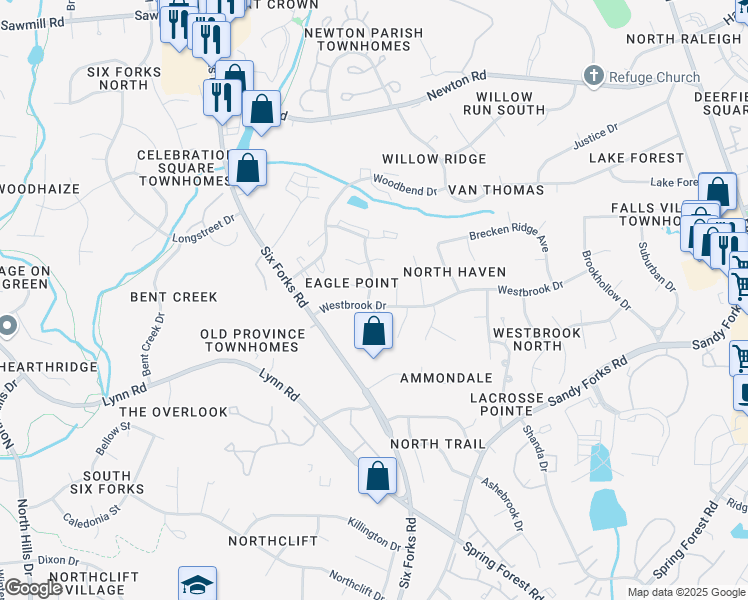 map of restaurants, bars, coffee shops, grocery stores, and more near 6700 Miles Drive in Raleigh