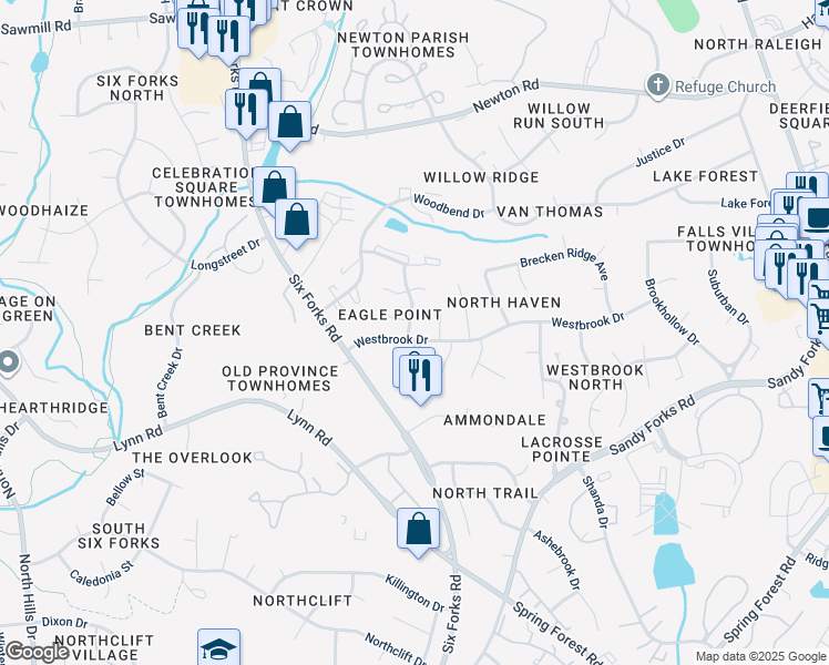 map of restaurants, bars, coffee shops, grocery stores, and more near 6700 Miles Drive in Raleigh