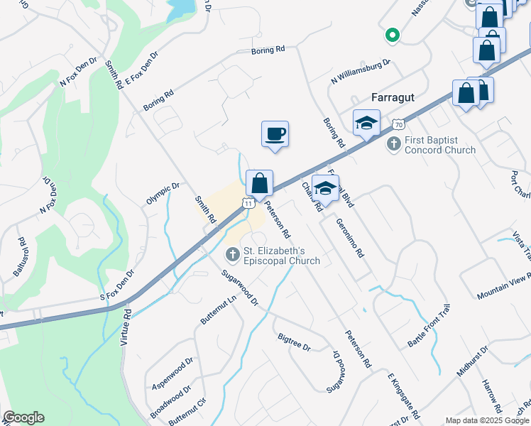 map of restaurants, bars, coffee shops, grocery stores, and more near 113 Peterson Road in Knoxville