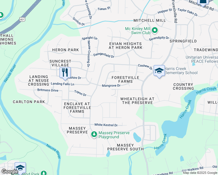 map of restaurants, bars, coffee shops, grocery stores, and more near 4104 Mangrove Drive in Raleigh