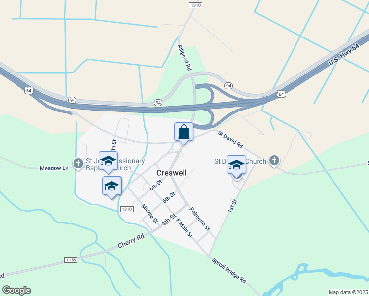 map of restaurants, bars, coffee shops, grocery stores, and more near 101 U.S. 64 in Creswell