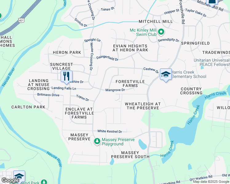 map of restaurants, bars, coffee shops, grocery stores, and more near 4108 Mangrove Drive in Raleigh