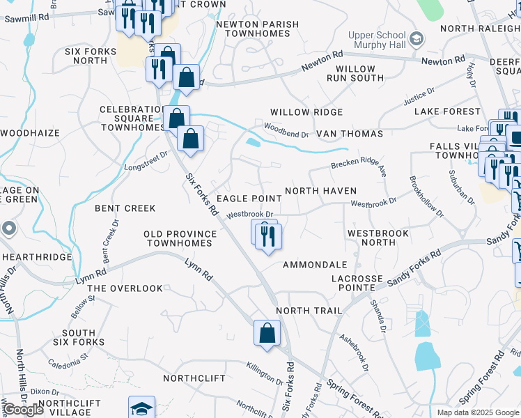 map of restaurants, bars, coffee shops, grocery stores, and more near 6708 Miles Drive in Raleigh