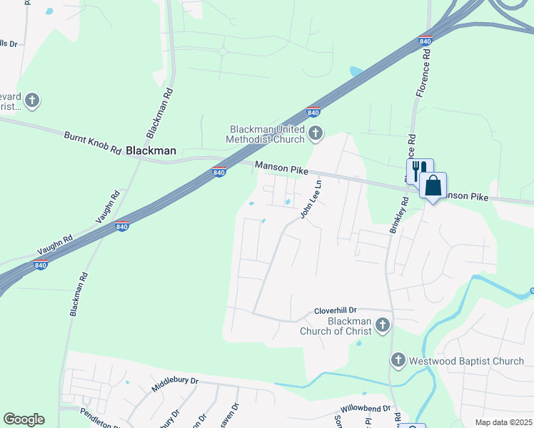 map of restaurants, bars, coffee shops, grocery stores, and more near 4447 Chusto Drive in Murfreesboro