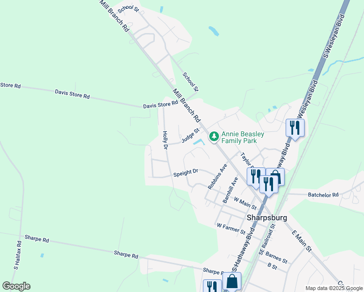 map of restaurants, bars, coffee shops, grocery stores, and more near 701 Judge Street in Rocky Mount