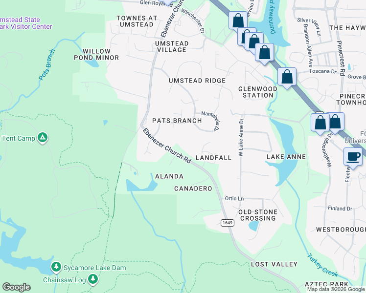 map of restaurants, bars, coffee shops, grocery stores, and more near 7504 Ebenezer Church Road in Raleigh