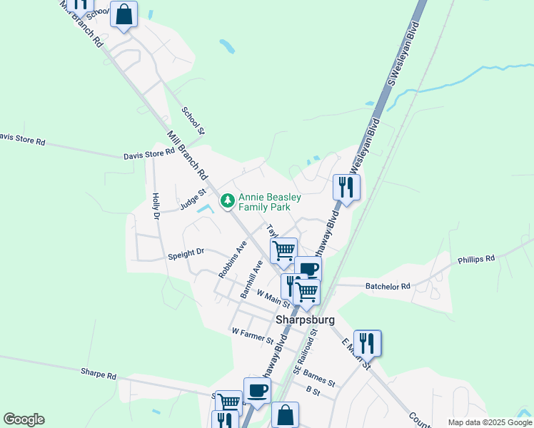 map of restaurants, bars, coffee shops, grocery stores, and more near 600 Taylor Drive in Rocky Mount