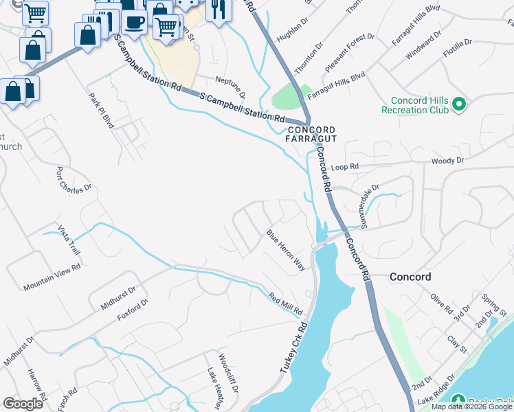 map of restaurants, bars, coffee shops, grocery stores, and more near 11112 Hatteras Drive in Knoxville
