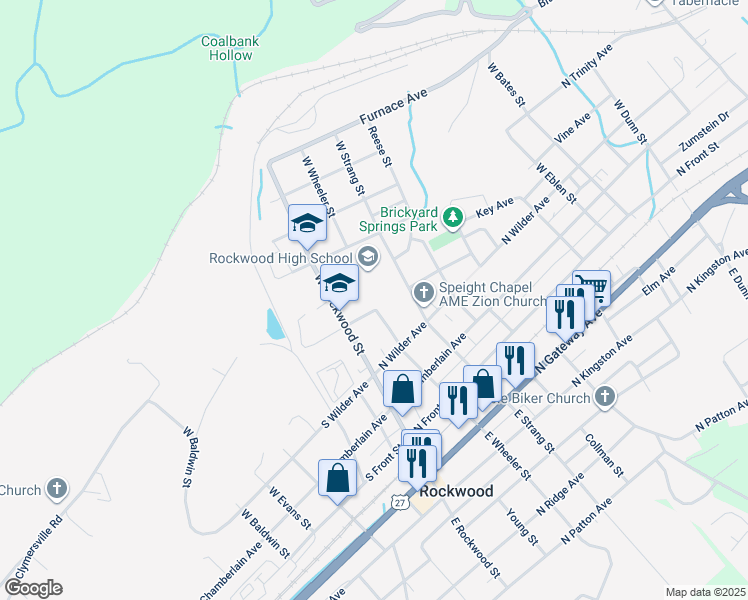map of restaurants, bars, coffee shops, grocery stores, and more near 512 West Rockwood Street in Rockwood