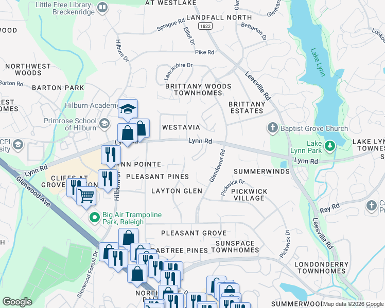 map of restaurants, bars, coffee shops, grocery stores, and more near 6736 Hammersmith Drive in Raleigh