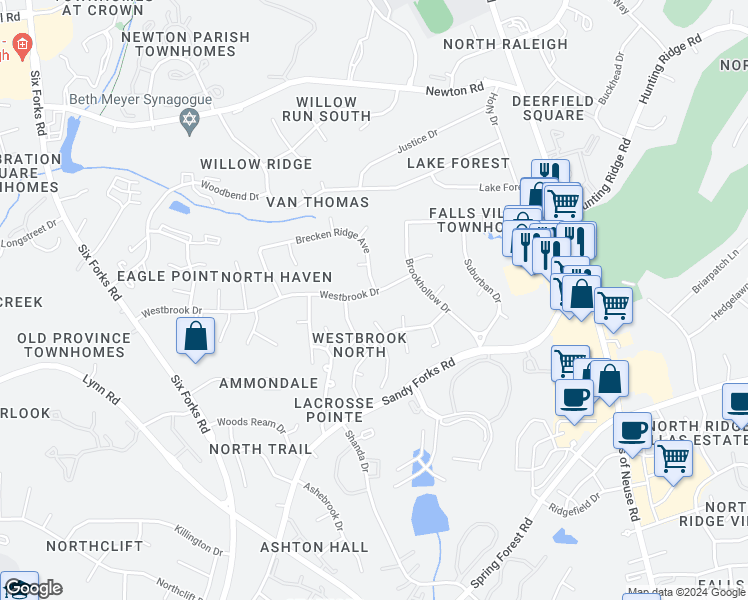 map of restaurants, bars, coffee shops, grocery stores, and more near 516 Westbrook Drive in Raleigh
