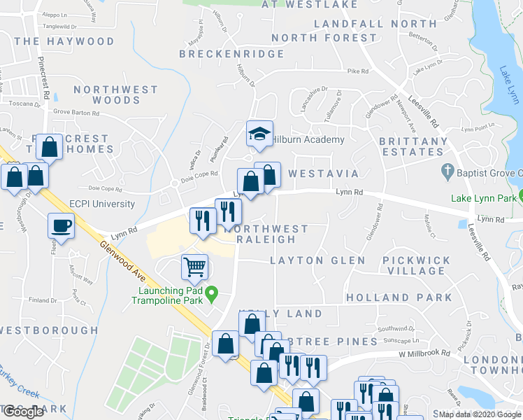 map of restaurants, bars, coffee shops, grocery stores, and more near 6805 Holly Mill Court in Raleigh