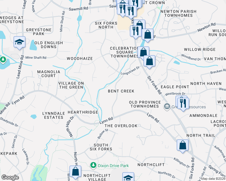 map of restaurants, bars, coffee shops, grocery stores, and more near 6523 Thetford Court in Raleigh