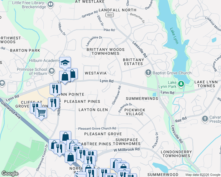 map of restaurants, bars, coffee shops, grocery stores, and more near 6732 Queen Annes Drive in Raleigh