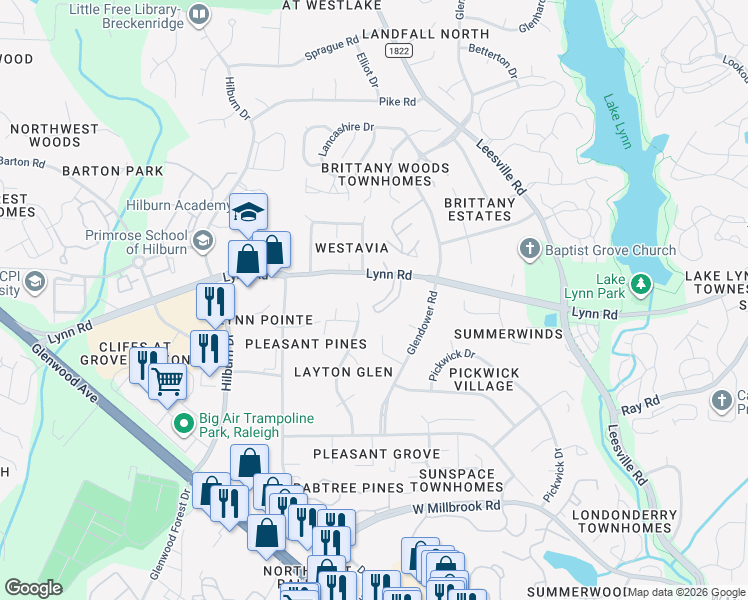 map of restaurants, bars, coffee shops, grocery stores, and more near 6736 Hammersmith Drive in Raleigh