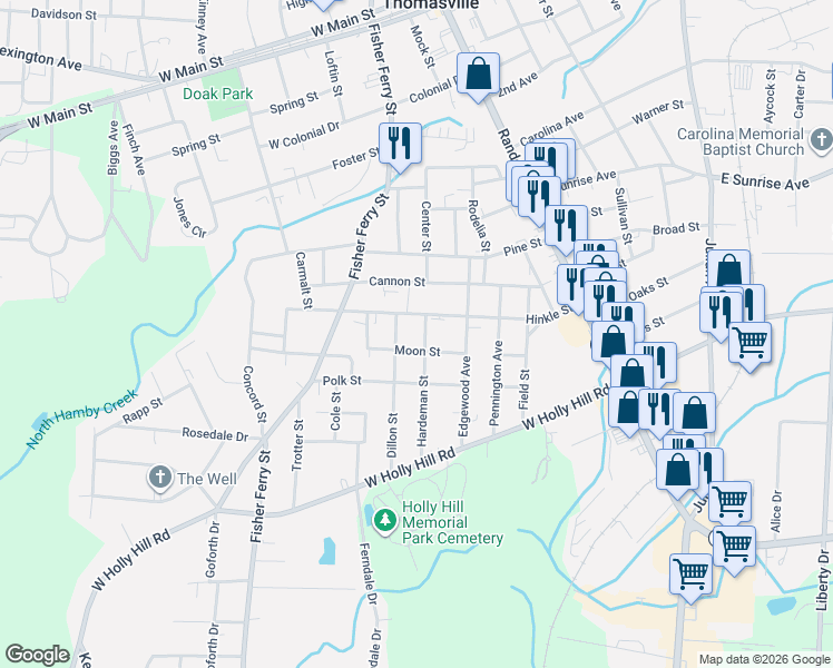 map of restaurants, bars, coffee shops, grocery stores, and more near 213 Hinkle Street in Thomasville