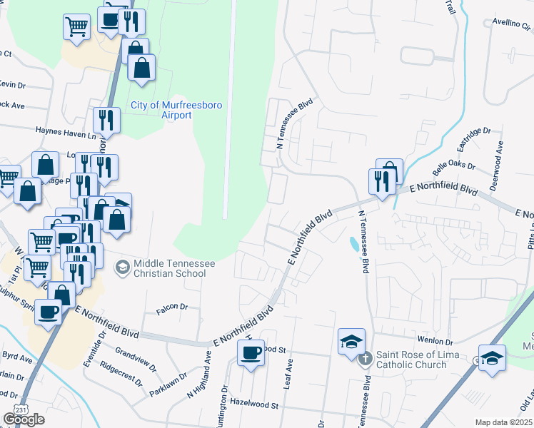 map of restaurants, bars, coffee shops, grocery stores, and more near 1144 E Northfield Blvd in Murfreesboro
