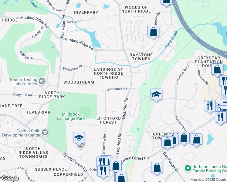 map of restaurants, bars, coffee shops, grocery stores, and more near 6708 Johnsdale Road in Raleigh