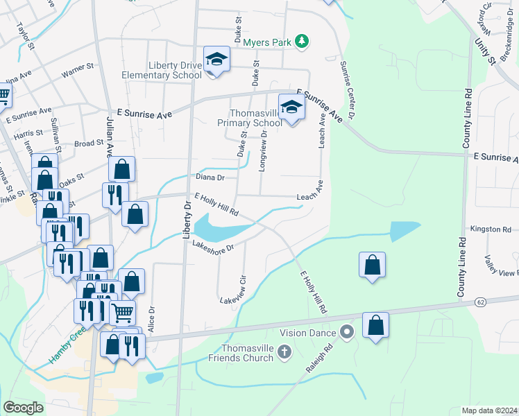 map of restaurants, bars, coffee shops, grocery stores, and more near 509 East Holly Hill Road in Thomasville