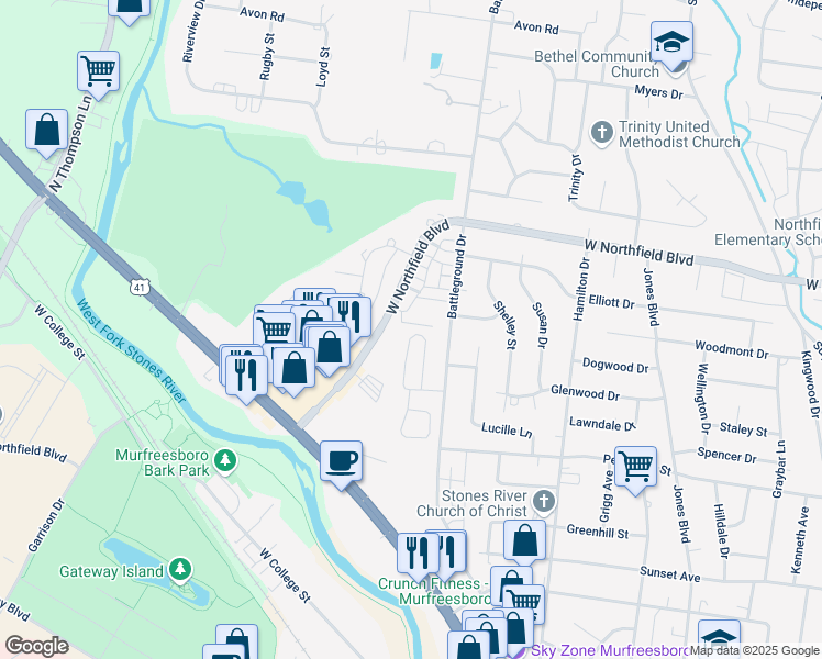map of restaurants, bars, coffee shops, grocery stores, and more near 1745 North Cove in Murfreesboro