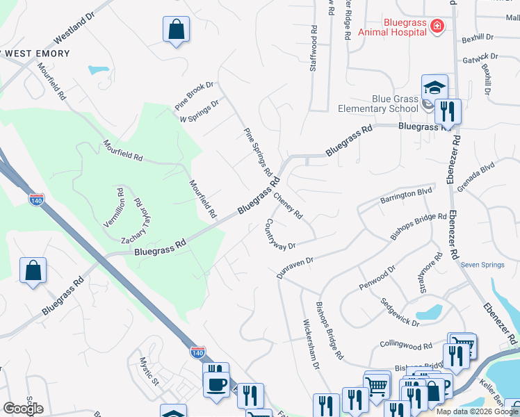 map of restaurants, bars, coffee shops, grocery stores, and more near 9212 Bluegrass Rd in Knoxville