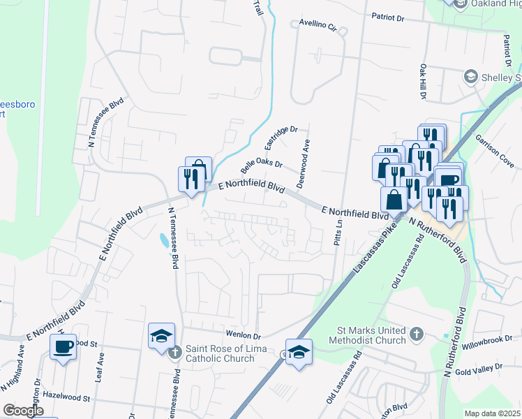 map of restaurants, bars, coffee shops, grocery stores, and more near 1470 Rochester Drive in Murfreesboro