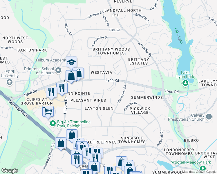 map of restaurants, bars, coffee shops, grocery stores, and more near 6705 Queen Annes Drive in Raleigh