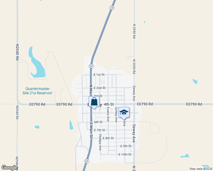 map of restaurants, bars, coffee shops, grocery stores, and more near 132 Evans Avenue in Leedey