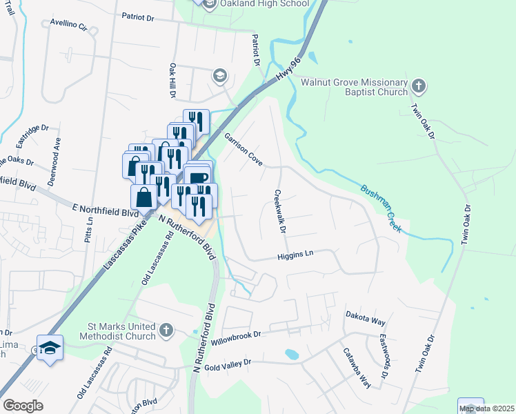 map of restaurants, bars, coffee shops, grocery stores, and more near 2231 Woodridge Trail in Murfreesboro