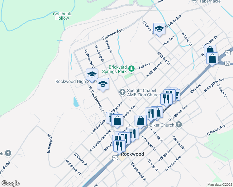 map of restaurants, bars, coffee shops, grocery stores, and more near 411 West Strang Street in Rockwood
