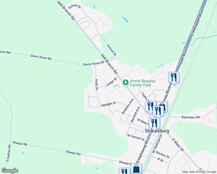 map of restaurants, bars, coffee shops, grocery stores, and more near 617 Judge Street in Rocky Mount