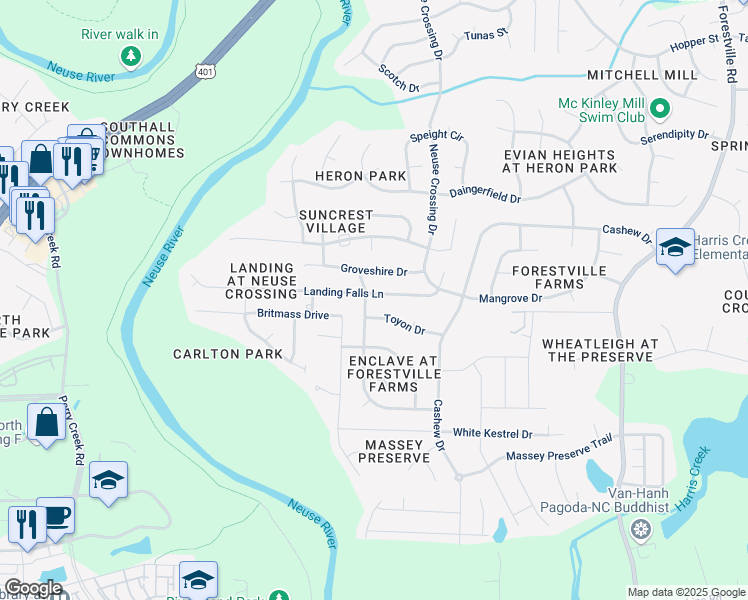 map of restaurants, bars, coffee shops, grocery stores, and more near 3206 Landing Falls Lane in Raleigh