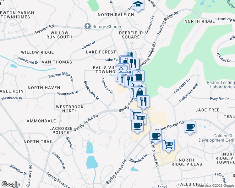 map of restaurants, bars, coffee shops, grocery stores, and more near 6516 Suburban Drive in Raleigh