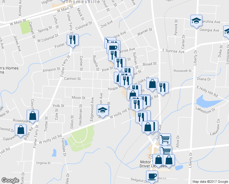 map of restaurants, bars, coffee shops, grocery stores, and more near 9 Hinkle Street in Thomasville
