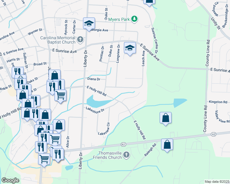 map of restaurants, bars, coffee shops, grocery stores, and more near 509 East Holly Hill Road in Thomasville